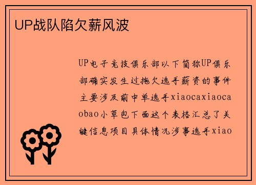 UP战队陷欠薪风波